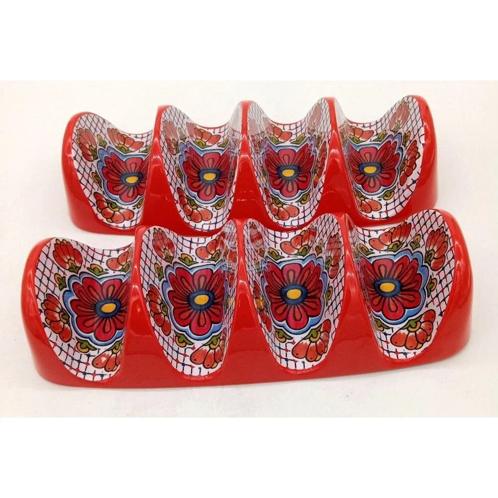 II Mulino Set of 2 Taco Tray Tortilla Holders Fiesta Melamine Mosaic Red Blue